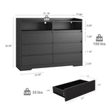 GOSROMS Dresser for Bedroom, Black Bedroom Dresser with LED Lights and Power Strip, 6 Long Drawers Dresser, Tall Wide Chest of Drawers Storage Organizer for Bedroom, Living Room, Entryway GOSROMS
