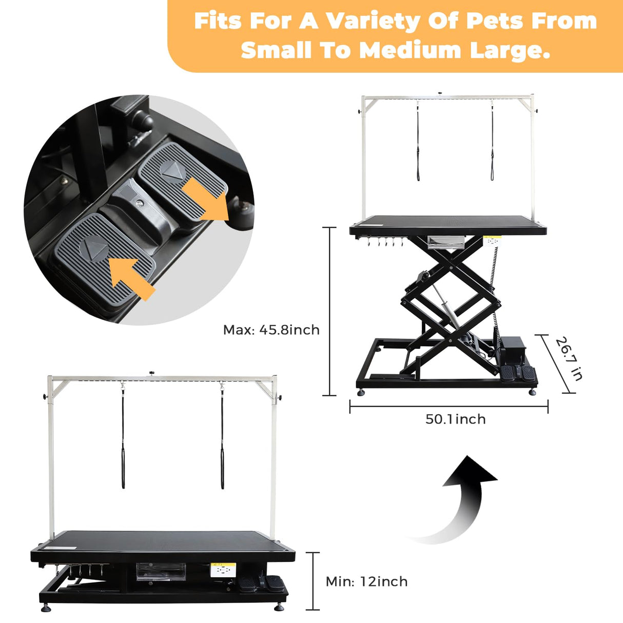 UDSONFY Electric Pet Dog Grooming Table, 50" Heavy Duty Grooming Table Professional Double X-Lift for Large Dogs Adjustable Height: 12"-45.8" Non-slip, AC Outlets, Storage Tray, 2 Nooses, Black UDSONFY