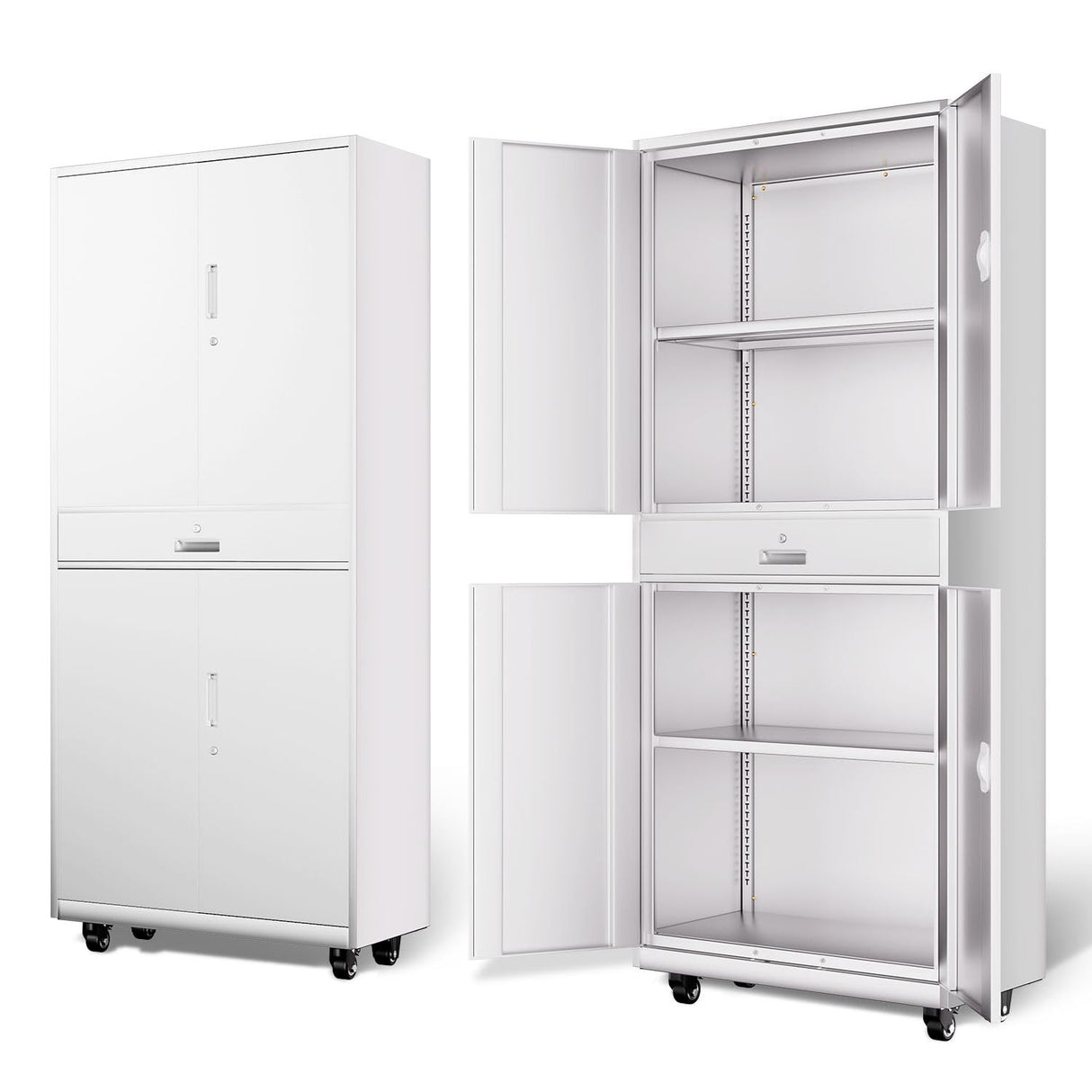 DNA MOTORING 73'' Metal Storage Cabinet, Rolling Garage Cabinet with 1 Drawer and Adjustable Shelves, Lockable Heavy Duty Metal Locker for Garage,Office,Home,White, TOOLS-00630-WH-WH-A DNA MOTORING
