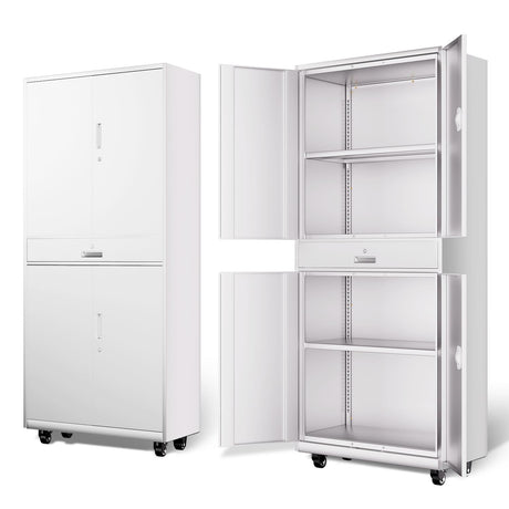 DNA MOTORING 73'' Metal Storage Cabinet, Rolling Garage Cabinet with 1 Drawer and Adjustable Shelves, Lockable Heavy Duty Metal Locker for Garage,Office,Home,White, TOOLS-00630-WH-WH-A DNA MOTORING
