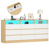 Auromie 6 Drawers Dresser, Double Modern Chest of Drawers with Power Outlet, Dresser TV Stand with Led Light Strip, Drawer Organizer for Bedroom, Living Room, Hallway (Light Walnut + White, 9 Drawer) Auromie