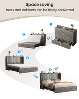 ADOWORE Queen Size Murphy Bed with Mattress Included, Cabinet Bed with Charging Station & Large Storage Drawer, Hideaway Full Foldable Platform Bed for Home Office or Guest Bedroom, Living Room,Grey ADOWORE