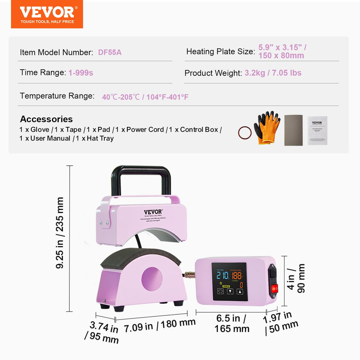 VEVOR Hat Press Machine, Mini Hat Heat Press for Caps with Integrated Control Panel, Cap Heat Press Machine with 5.9x3.15 inch Curved Heating Plate, Safety Base, and Glove, Automatic Shut-Off, Purple VEVOR