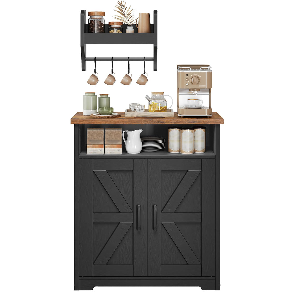 YATINEY Coffee Bar Cabinet, Kitchen Island with Storage, Farmhouse Sideboard Buffet Cabinet with Dual-Purpose Floating Shelf and Hooks, for Restaurant, Living Room, Rustic Brown KF22BR YATINEY