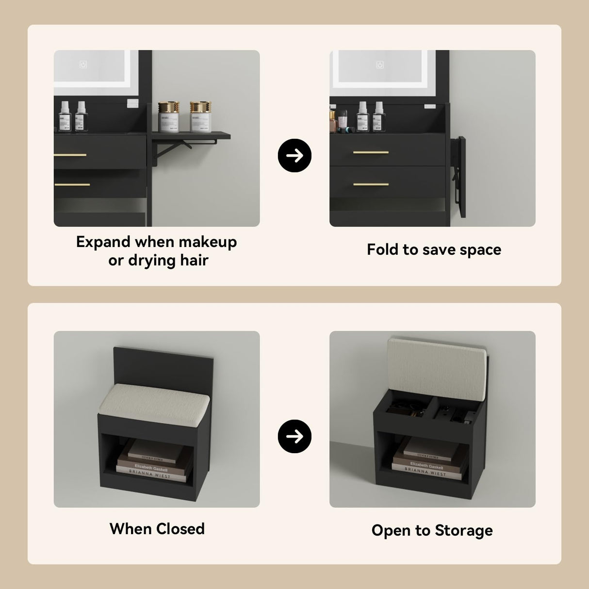 ARTETHYS Small Vanity Desk Set with Flip-top Mirror and Lights Black Integrated 3 in 1 Makeup Table for Small Space Compact Mini Dressing Table with Fold-up Panel and Storage Chair for Bedroom ARTETHYS