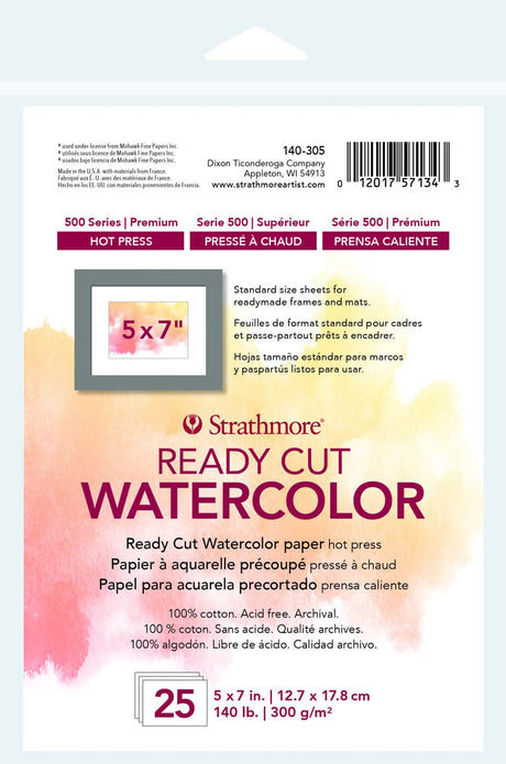 Strathmore 140-305 500 Series Ready Cut Watercolor Paper, 140 lb. Hot Press, 5"x7", 25 Sheets, Multicolor Strathmore