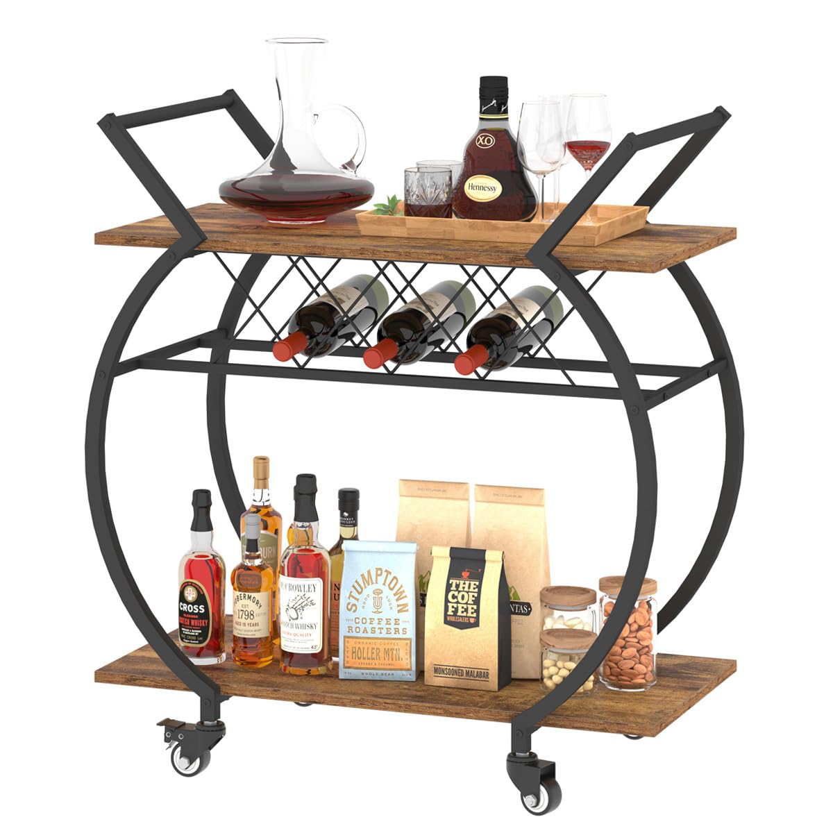 LVB Industrial Kitchen Bar Cart, Farmhouse Beverage Serving Liquor Cart with Wheels, Wood and Metal Rolling Wine Cart with Storage Shelf, Microwave Drink Cart for Home Living Dining Room, Rustic Brown