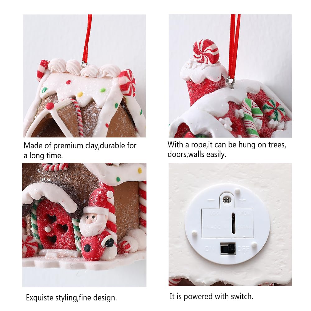 UAEYW 3Pcs Gingerbread House Ornaments for Christmas Tree Decorations Battery Operated Lighted LED Clay Hanging Candy House Ornament with Rope for Xmas Holiday Party New Year Home Decor UAEYW