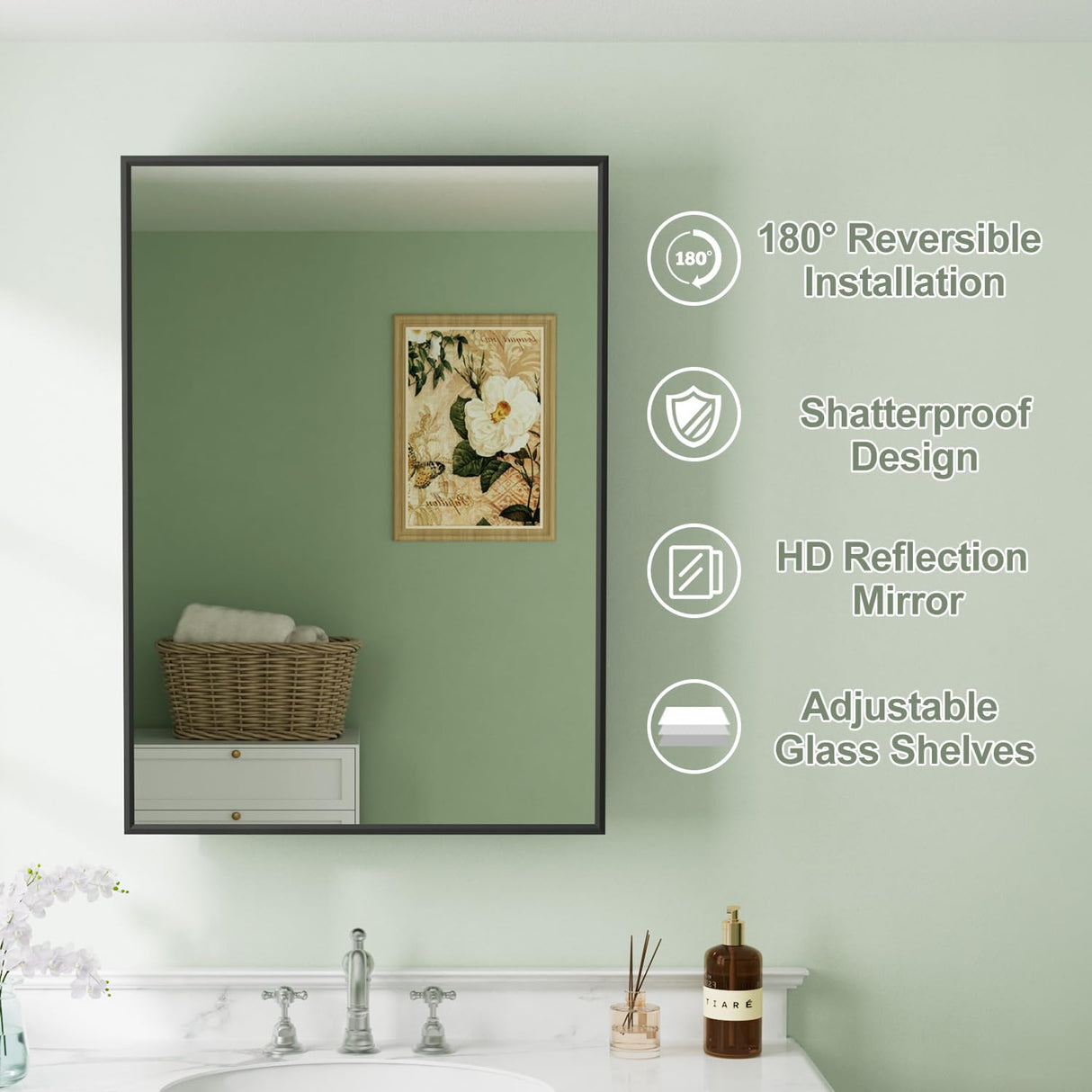 Buruis 14"x 24" Framed Medicine Cabinet with Mirror, Recessed or Wall Mounted Bathroom Cabinet, Adjustable Tempered Glass Shelves, Left/Right Open Reversible, No Assembly Required, Black Buruis