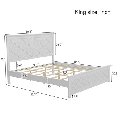 King Bed Frame with Tall Headboard & Footboard, Solid Wood King Size Platform Frame with Farmhouse Rustic Design,Wood Slats Support, No Box Spring Needed,Antique White - WoodArtSupply