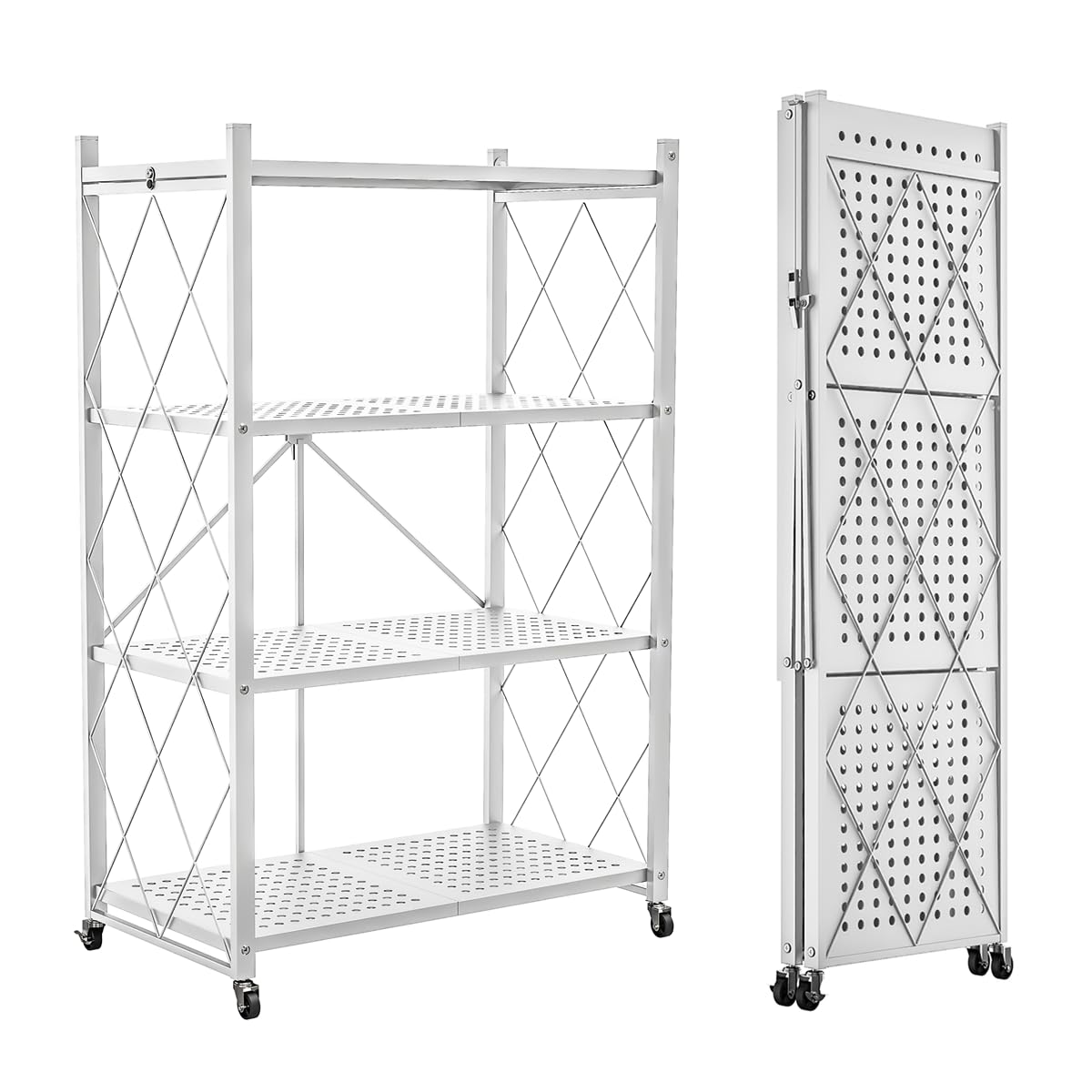 Lifetime Home 4-Tier Foldable Storage Shelf with Wheels - Metal Collapsible Shelving Unit Display, Rolling Cart for Books Kitchen Storage Shelves, Pantry & Closet Organizer, Office Room Decor - White Lifetime Home