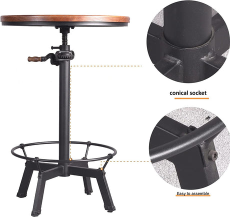 Diwhy Pub Set Industrial Style Adjustable Height 33.5-39.4in Dining Table Dia 23.6" Wooden Top with Handle Bar Table Diwhy