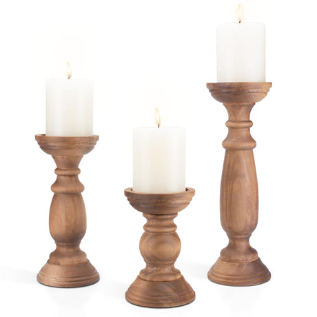 Rustic Wooden Pillar Candle Holders Set of 3, 12'' 9'' 6'' Farmhouse Wood Candle Stand for Table Centerpieces, Vintage Tall Candleholders Fireplace Mantel Decor for Living Room, Brown BANOMII