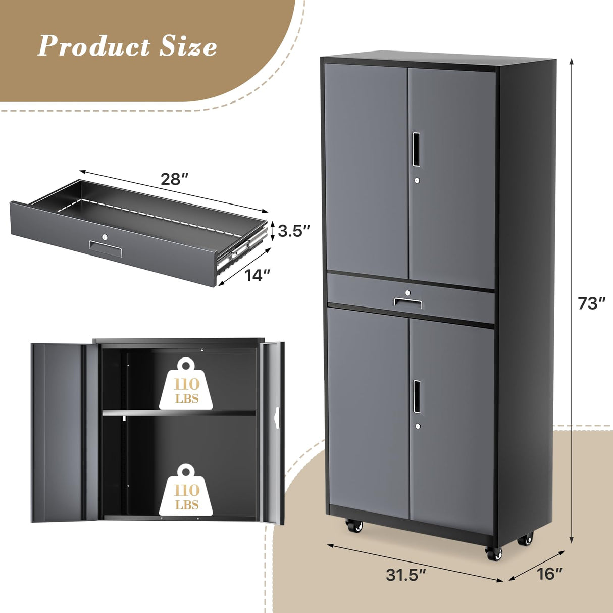 Athena Collection Metal Storage Cabinet with 4 Lock Doors and 4 Adjustbale Shelves, 74" Tall Rolling Garage Storage Cabinet for Home Office, School, Garage, Pantry, Grey Black Athena Collection