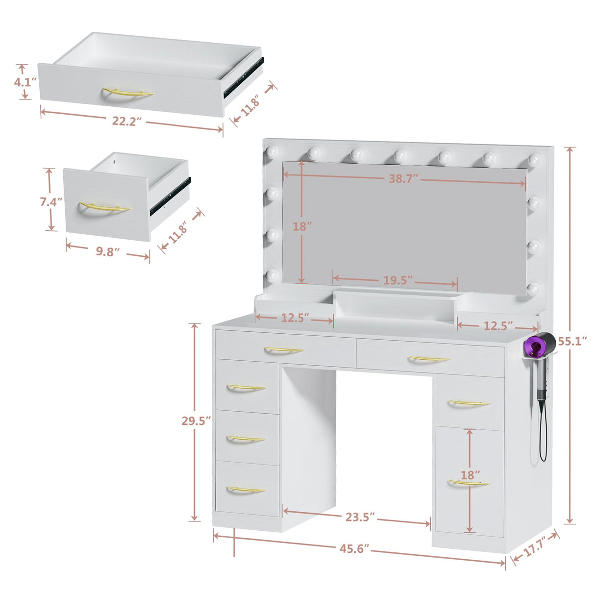 HUAHUU Makeup Vanity Desk with Lights, Vanity Desk with Large Mirror, White Vanity with 6 Large Drawers & 1 Cabinet & Power Outlet, 3 Lighting Color Adjustable, Bedroom HUAHUU