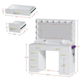 HUAHUU Makeup Vanity Desk with Lights, Vanity Desk with Large Mirror, White Vanity with 6 Large Drawers & 1 Cabinet & Power Outlet, 3 Lighting Color Adjustable, Bedroom HUAHUU