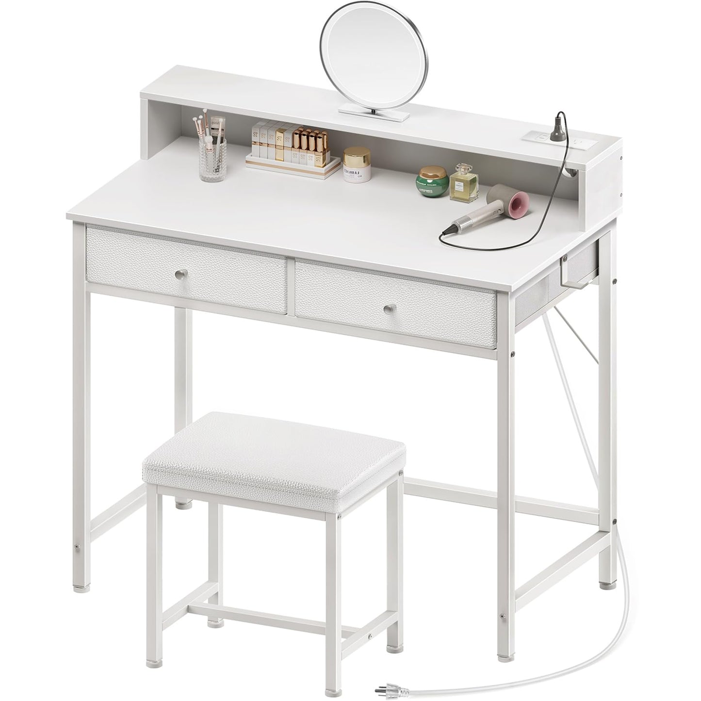 Seventable Vanity Desk without Mirror, Makeup Vanity with Drawers and Charging Station, Small Desk with Storage for Bedroom, Simple Home Office Computer Desk for Small Spaces, White - WoodArtSupply