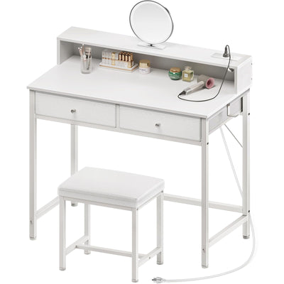 Seventable Vanity Desk without Mirror, Makeup Vanity with Drawers and Charging Station, Small Desk with Storage for Bedroom, Simple Home Office Computer Desk for Small Spaces, White