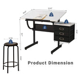 Art Table for Adults,Drafting Table, Adjustable Professional Art Drawing Table, Drawing Table with Stool and Tilting Tabletop, 3 Storage Drawers Craft Desk for Reading, Drawing, Office Use (Black) Doeqkue