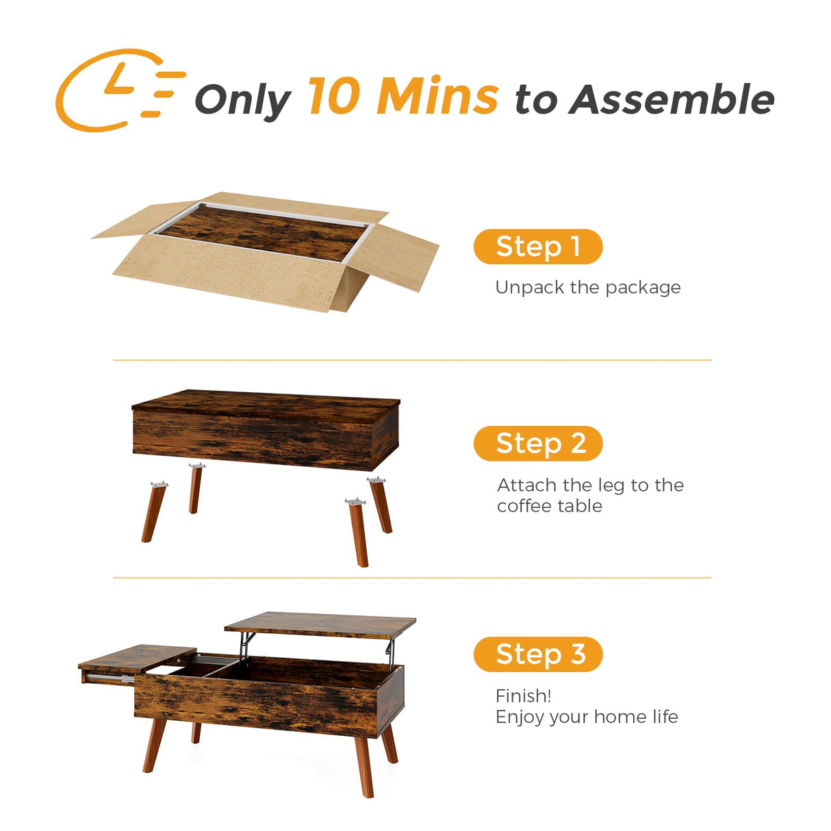 Bidiso Lift Top Coffee Table, Ten Minute Install Coffee Table Center Table with Hidden Storage Compartments, Rising Tabletop Dining Table Coffee Table for Living Room，Rustic Brown Bidiso