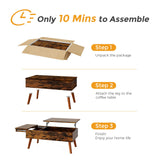 Bidiso Lift Top Coffee Table, Ten Minute Install Coffee Table Center Table with Hidden Storage Compartments, Rising Tabletop Dining Table Coffee Table for Living Room，Rustic Brown Bidiso