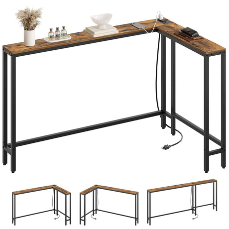YATINEY L Shaped Console Table, 5.9" Long Narrow Sofa Table, Behind Couch Table, Entryway Table with 2 Outlets and 2 USB Ports, for Living Room, Hallway, 3 Assembly Options, Rustic Brown CT07UBR YATINEY