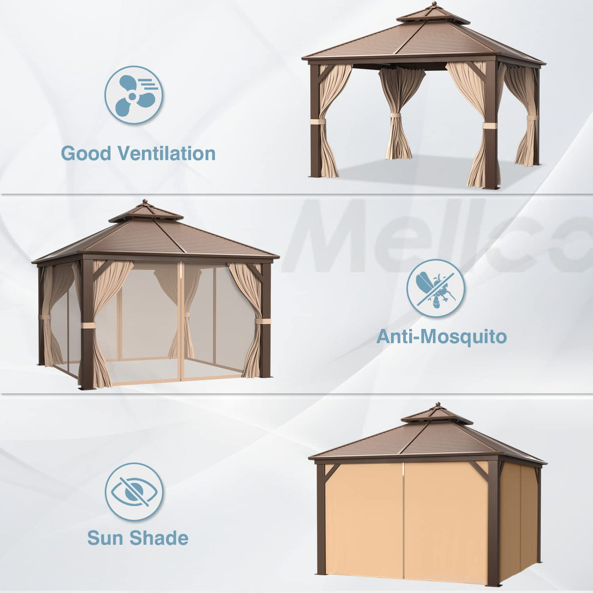 MELLCOM 12' x 12' Hardtop Gazebo, Galvanized Steel Double Roof Outdoor Gazebo, Aluminum Frame Metal Gazebo with Netting and Curtains for Patios, Gardens, Lawns Brown MELLCOM