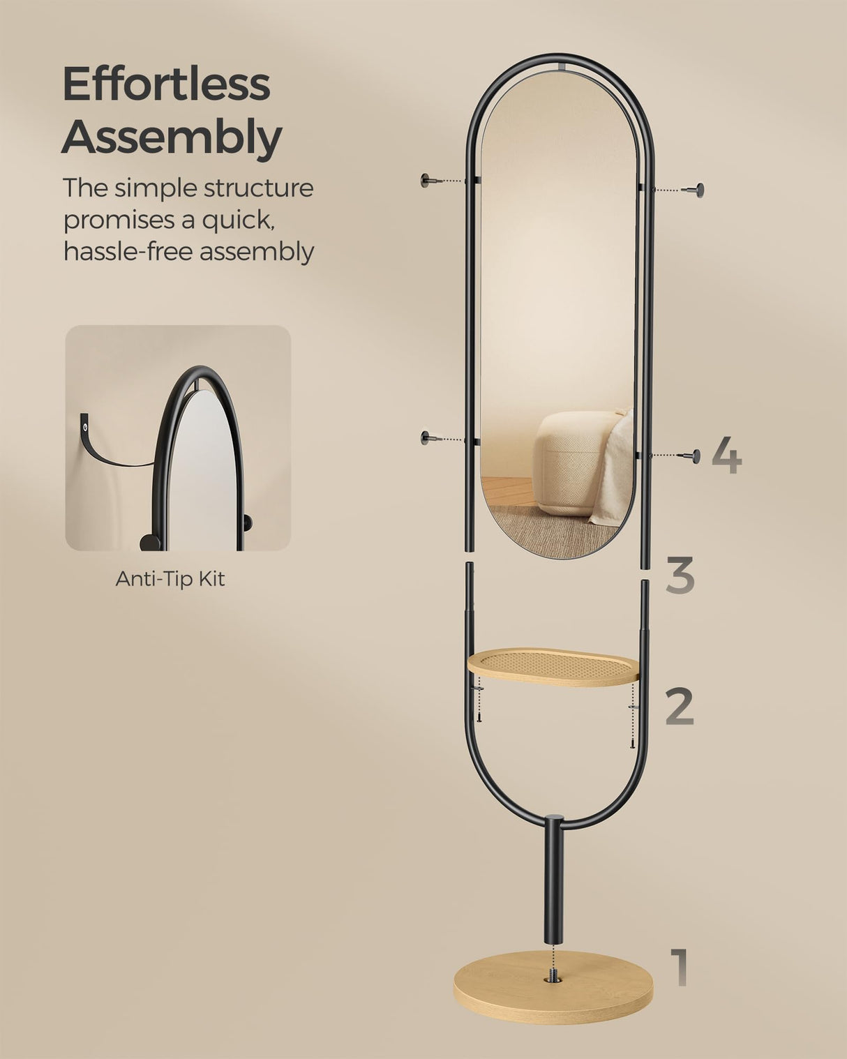 SONGMICS Full-Length Floor Mirror, 3-in-1, Modern Standing Full Body Mirror, Inspired by Original Award-Winning Design, 16.5 x 18.9 x 68.9 Inches, Living Room, Bedroom, Oak Beige and Ink Black SONGMICS