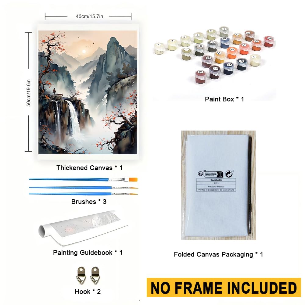 Chinese Landscape Paint by Numbers Kit for Adults - DIY Mountain Waterfall Painting on Canvas 16x20 Inches, Acrylic Paint Set, Suitable for Beginners, Traditional Asian Art Kit for Home Decoration TAOPAOLAB