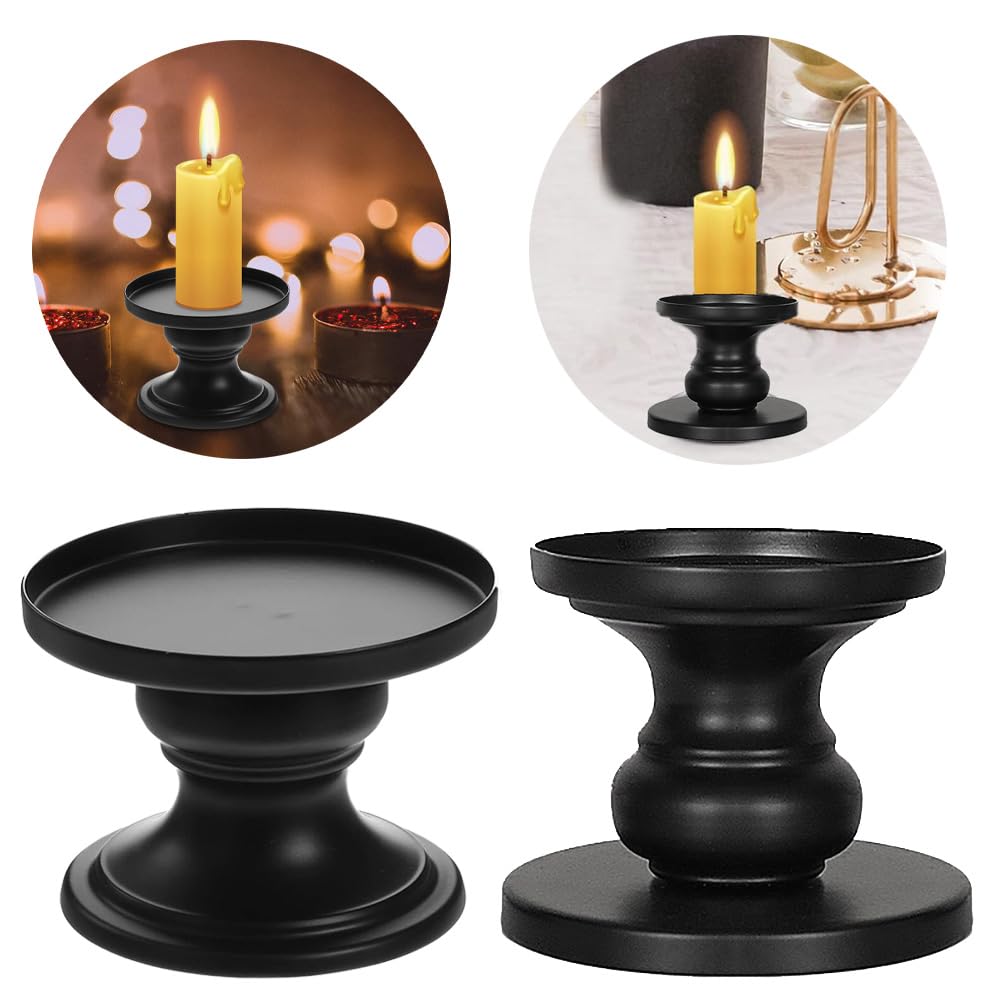 Matte Black Iron Pillar Candle Holders - Set of 2 Candlestick Holders, Metal Candle Holder for Pillar & Taper, Table Mantle Fireplace Farmhouse Home Decor Cagzzee
