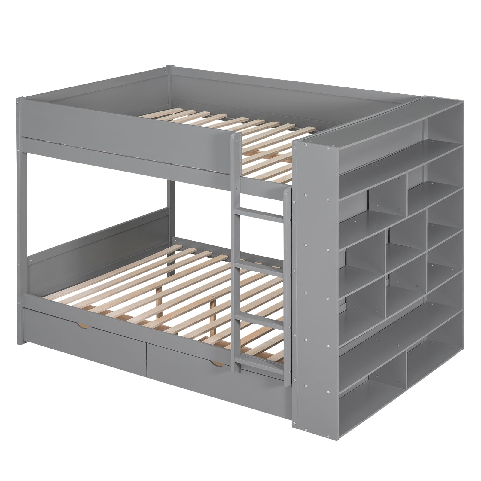 Harper & Bright Designs Grey Full Over Full Bunk Bed with Storage & Bookshelf - WoodArtSupply