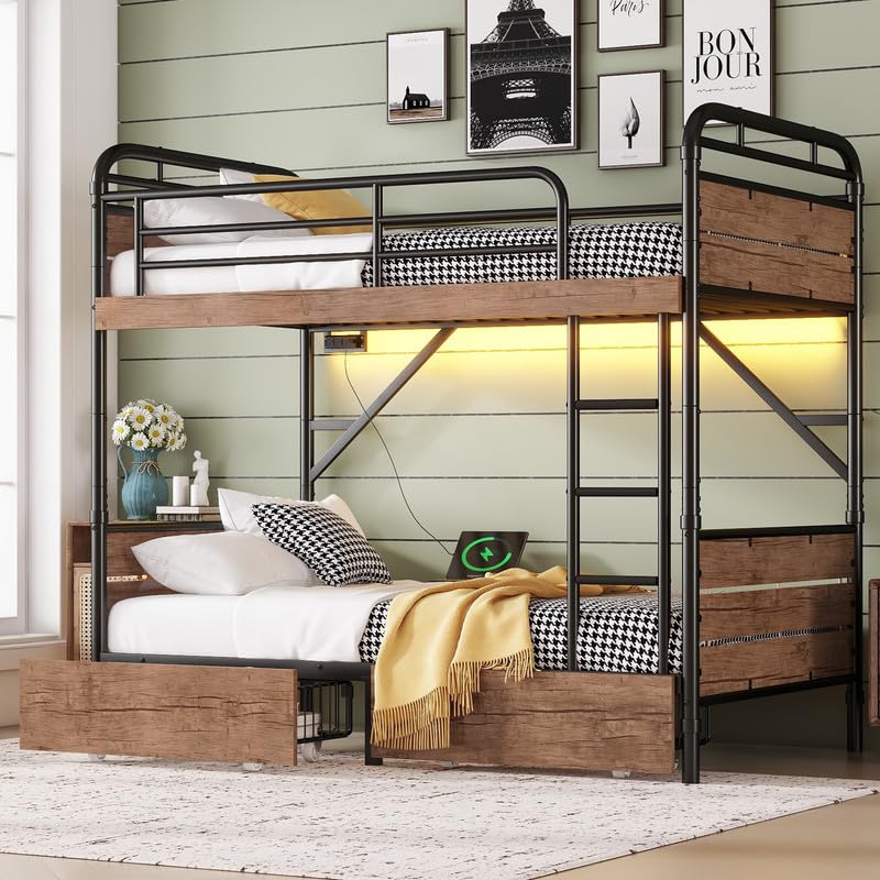 NeoTechEra Twin XL Bunk Bed for Teens - Metal Detachable Bunk Bed with LED Light, USB Charger, 2 Large Drawers, Convertible to 2 Twin XL Beds, Ideal for Small Rooms NeoTechEra