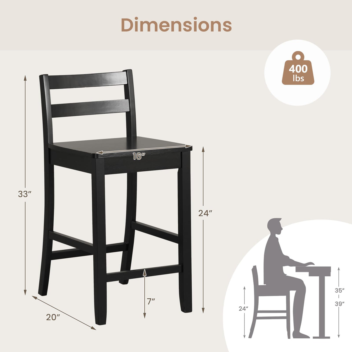 COSTWAY Wooden Bar Stools Set of 2, 24-Inch Counter Height Stools with Ergonomic Backrest & Footrest, Farmhouse High Dining Chairs for Kitchen COSTWAY