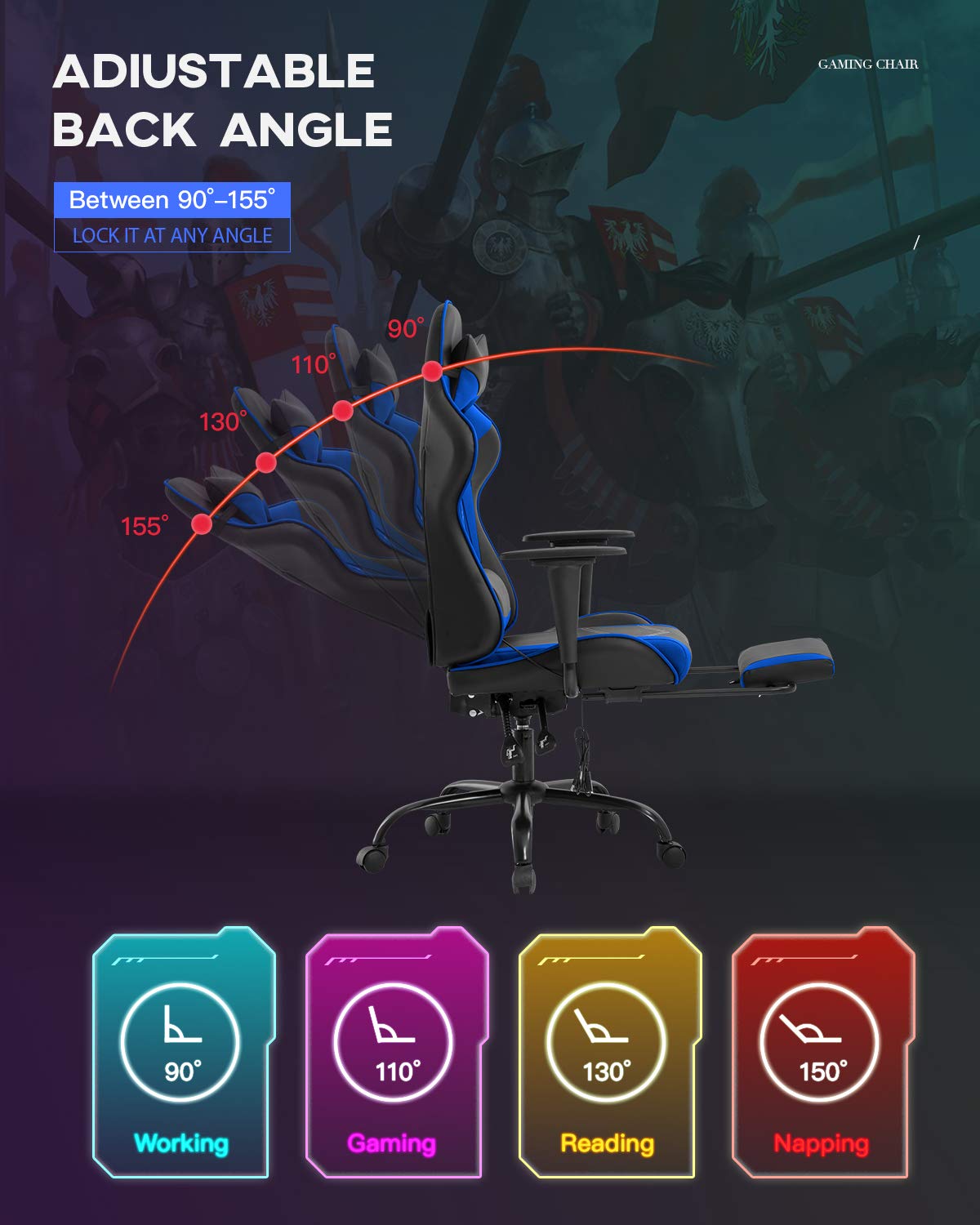 Gaming Chair Office Chair Desk Chair Massage PU Leather Recliner Racing Chair with Headrest Armrest Footrest Rolling Swivel Task PC Ergonomic Computer Chair for Back Support, Blue BestOffice