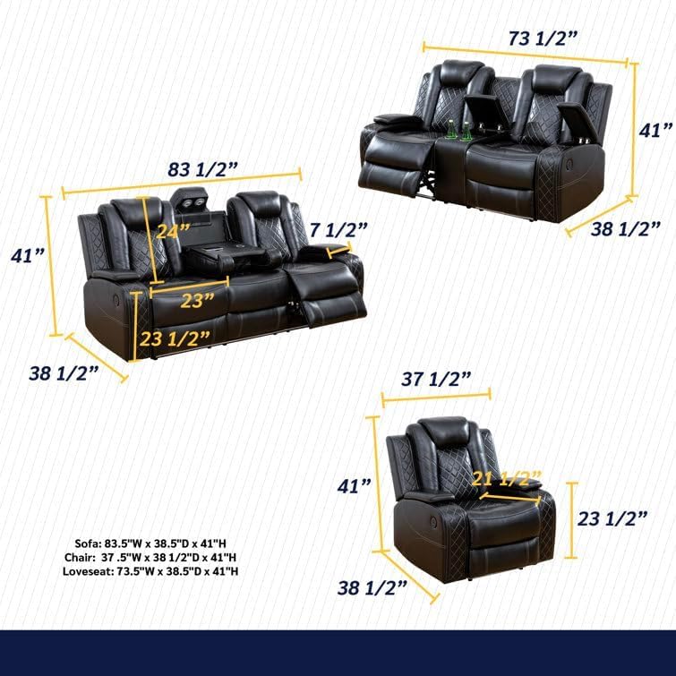 Power Recliner Sofa Set with LED, Leather Reclining Sofa Set, Living Room Furniture Set with USB Charging (Black Standard Version Total of 2 Cup Holders) Pon Living Furniture Inc