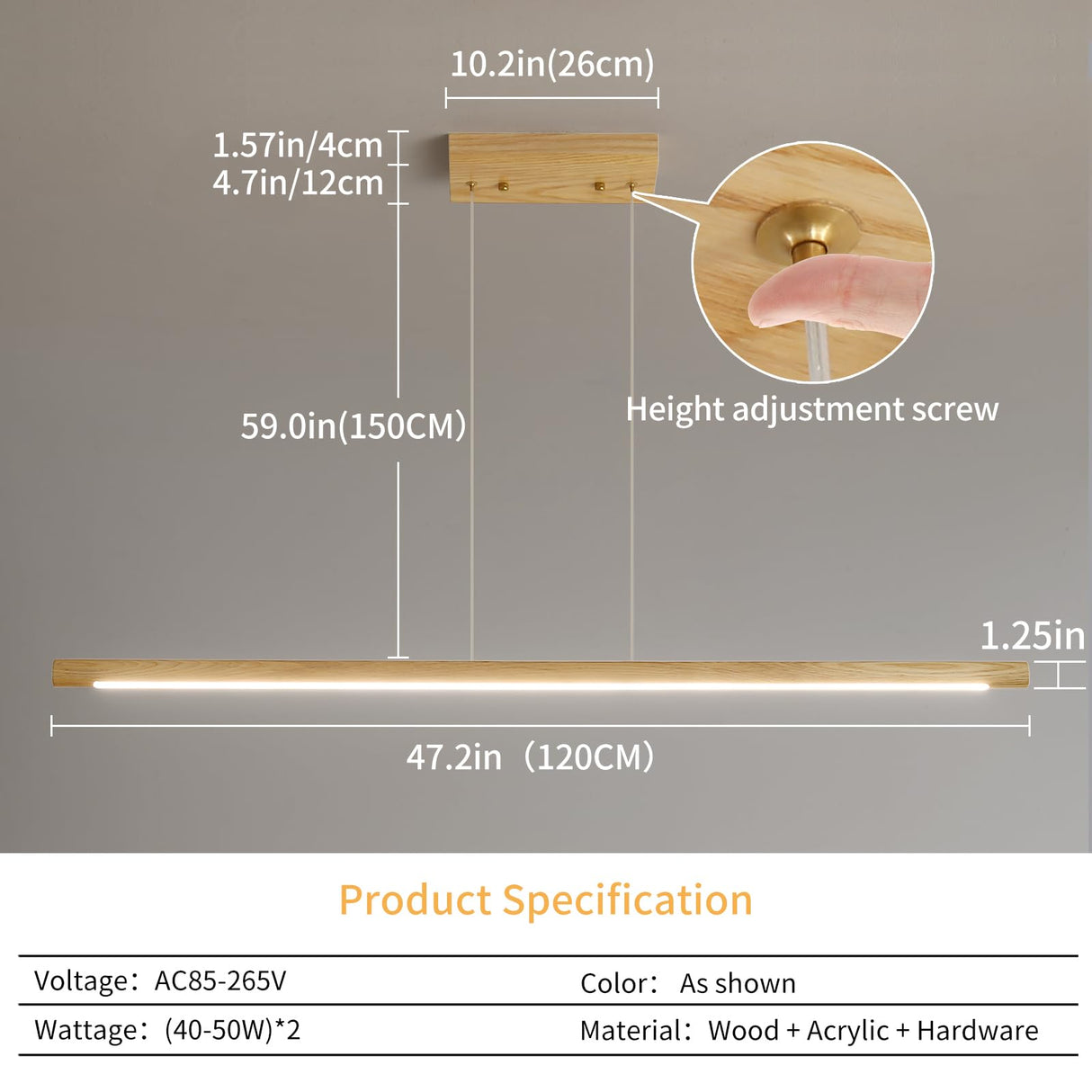 Mikeru Wooden Linear Pendant Light,Modern Chandelier Hanging Light with Remote Dimming 3000k-6000k, Ash Wood LED Pendant for Dining Room, Kitchen Island (47in, Round) Mikeru