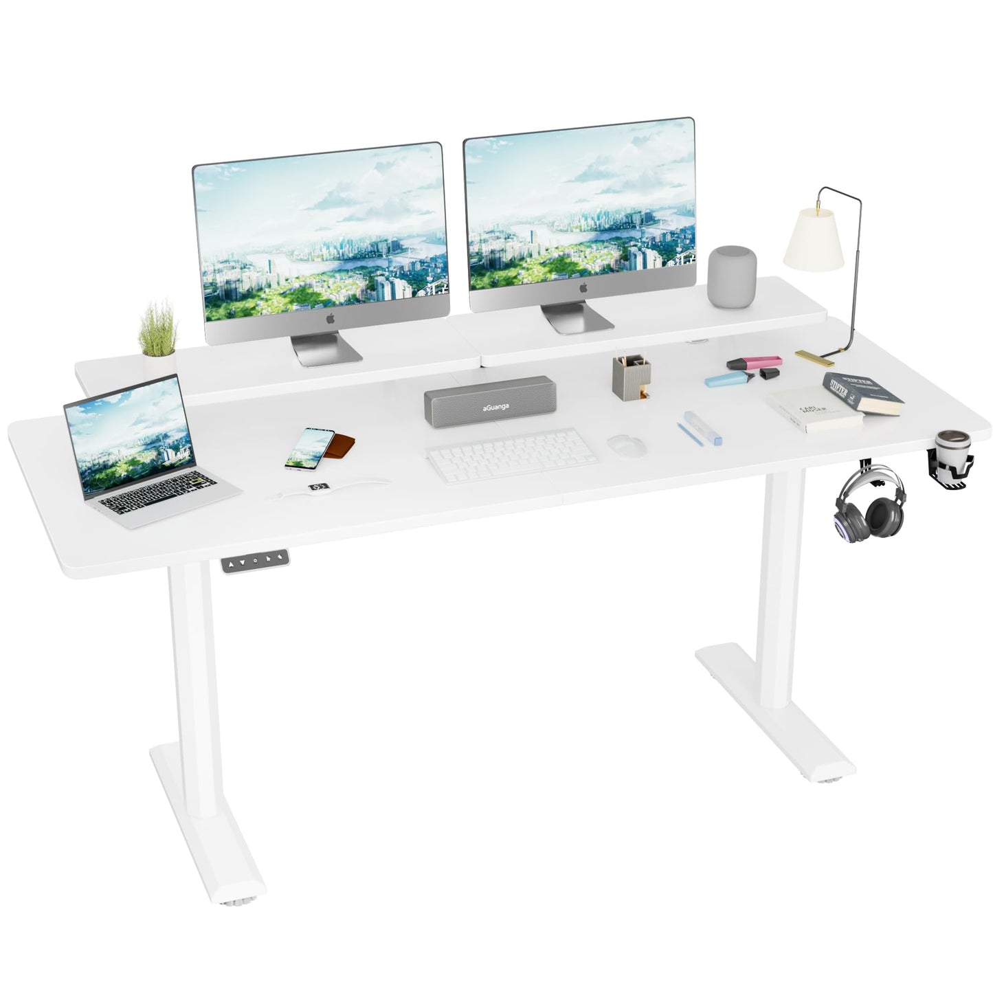 JUMMICO Electric Standing Desk, Adjustable Height Desk 63 x 27 Inch with Monitor Stand, Home Office Computer Desk (White) - WoodArtSupply