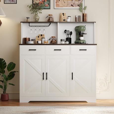 Garveehome Farmhouse Sideboard Buffet Cabinet with Microwave Stand, Barn Doors Buffet Storage Cabinet with Drawers and Shelves, Wood Coffee Bar Pantry for Kitchen, Dining Room, Living Room, White GarveeHome