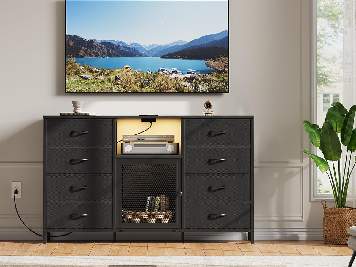 Dresser TV Stand for Bedroom for 65 inch TV with LED Lights and Charging Station, Fabric Chest of Drawers, 8 Fabric Drawers, Wood Top, Living Room, Closet Black Decofy