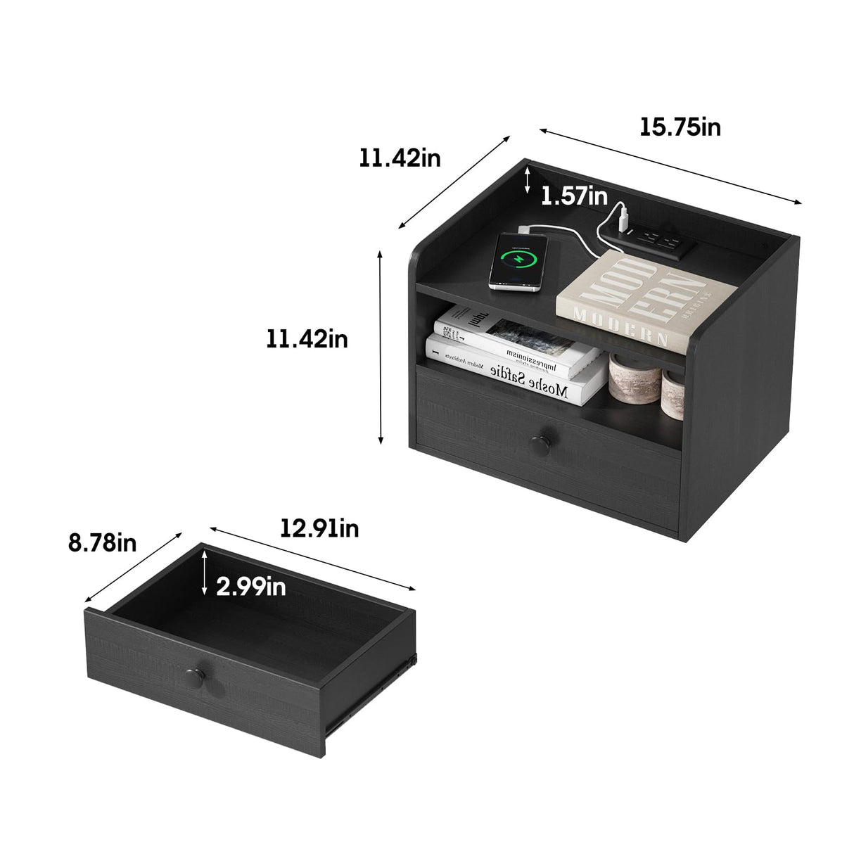 Black Floating Nightstand Set of 2 with Charging Station and Storage Drawer Wall Mounted Bedside End Table Wood Modern Night Stand for Bedroom Nightstands Set 2 Black HOSEOKA