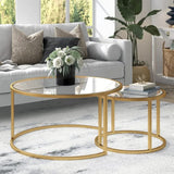 Round Nesting Coffee Table Gold Set of 2 for Living Room, Modern Side Tables with Sturdy Metal Frame and Tempered Glass.Minimalist End Table,Cocktail Table for Dining Room,Home Decor MAIKAILUN