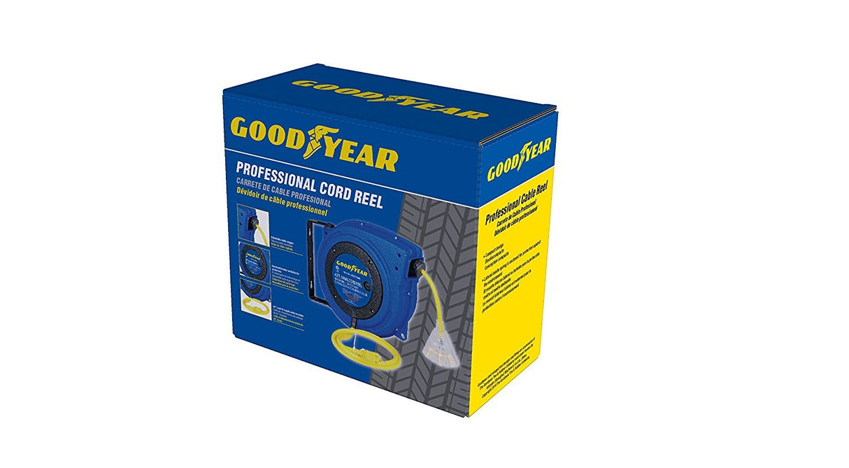 GOODYEAR Extension Cord Reel Extra Long 40 ft 14AWG 3C SJTOW, Triple Tap Connector, Heavy Duty, Slow Retraction Stop At Any Point Goodyear