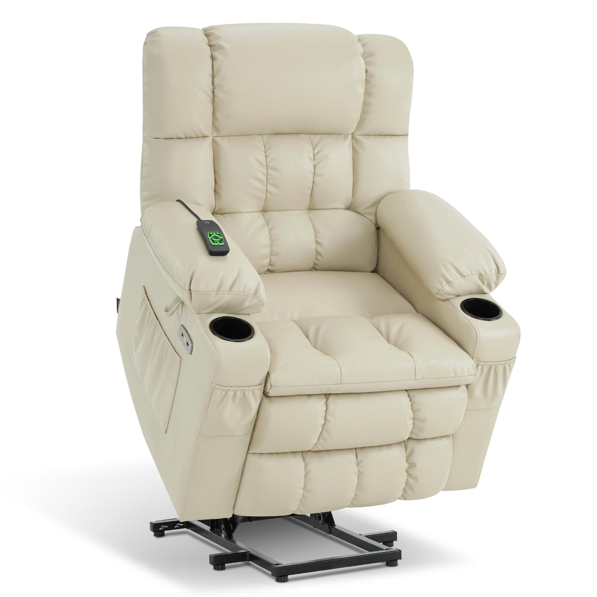 MCombo Dual Motor Small Power Lift Recliner Chair for Elderly, Lay Flat Lift Chair with Heat and Massage, Petite Lift Chair, Cup Holders, Faux Leather 7893 (Cream White, Small) MCombo