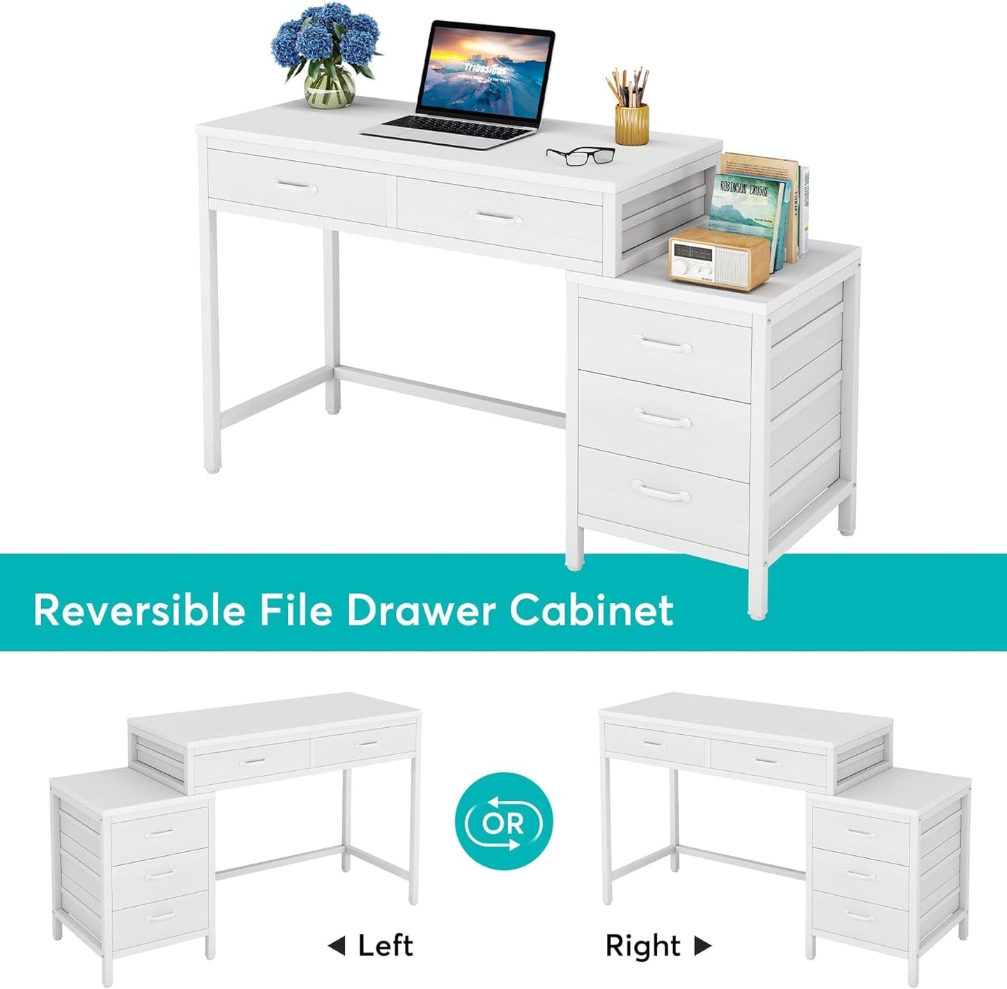 Tribesigns Computer Desk with 5 Drawers, Home Office Desks with Reversible Drawer Cabinet Printer Stand, Industrial PC Desk with Storage, White Study Writing Table Workstation for Small Space - WoodArtSupply