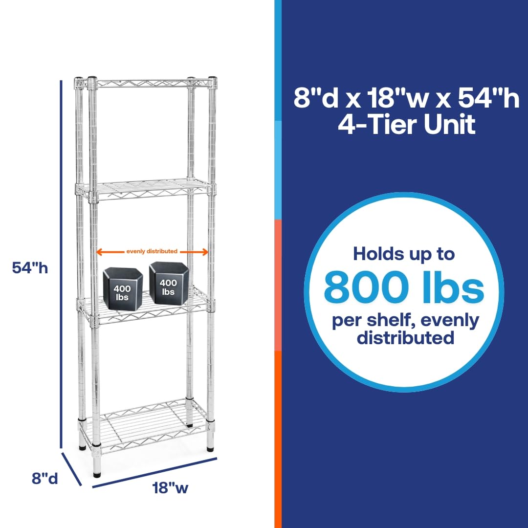 Shelving Inc. 8" d x 18" w x 54" h Chrome Wire Shelving with 4 Tier Shelves, Weight Capacity 800lbs Per Shelf SI