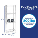 Shelving Inc. 8" d x 18" w x 54" h Chrome Wire Shelving with 4 Tier Shelves, Weight Capacity 800lbs Per Shelf SI