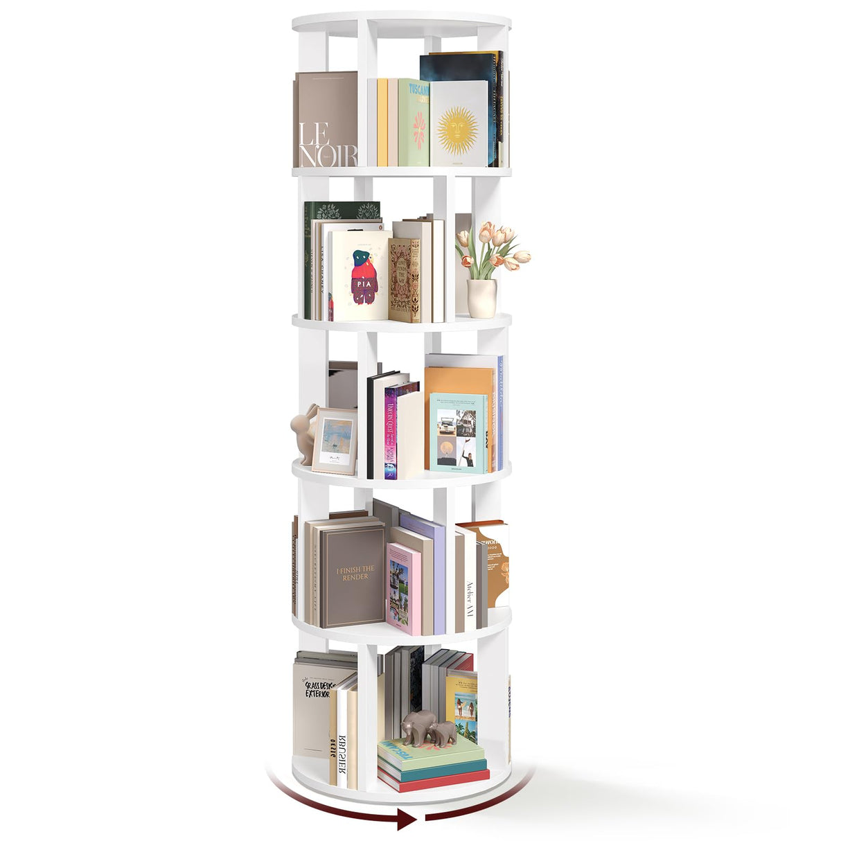 MAHANCRIS 5-Tier Rotating Bookshelf, 360° Spinning Bookshelf Tower, Floor Standing Round Revolving Bookcase, Display Rack for Books, CDs, for Living Room, Study, Bedroom, White BKWT6501 MAHANCRIS