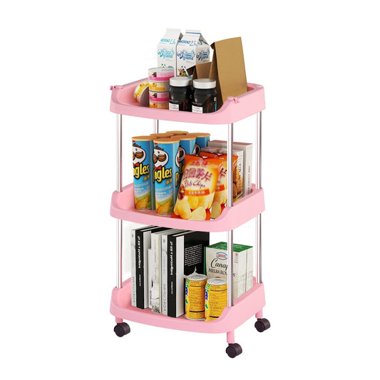 Leinade 3 Tier Rolling Cart with Wheels,Lightweight Rolling Storage Cart Organizer with Plastic Shelf& Hooks,Small Multi-Functional Utility Cart for Living Room,Kitchen,Bathroom,Pink