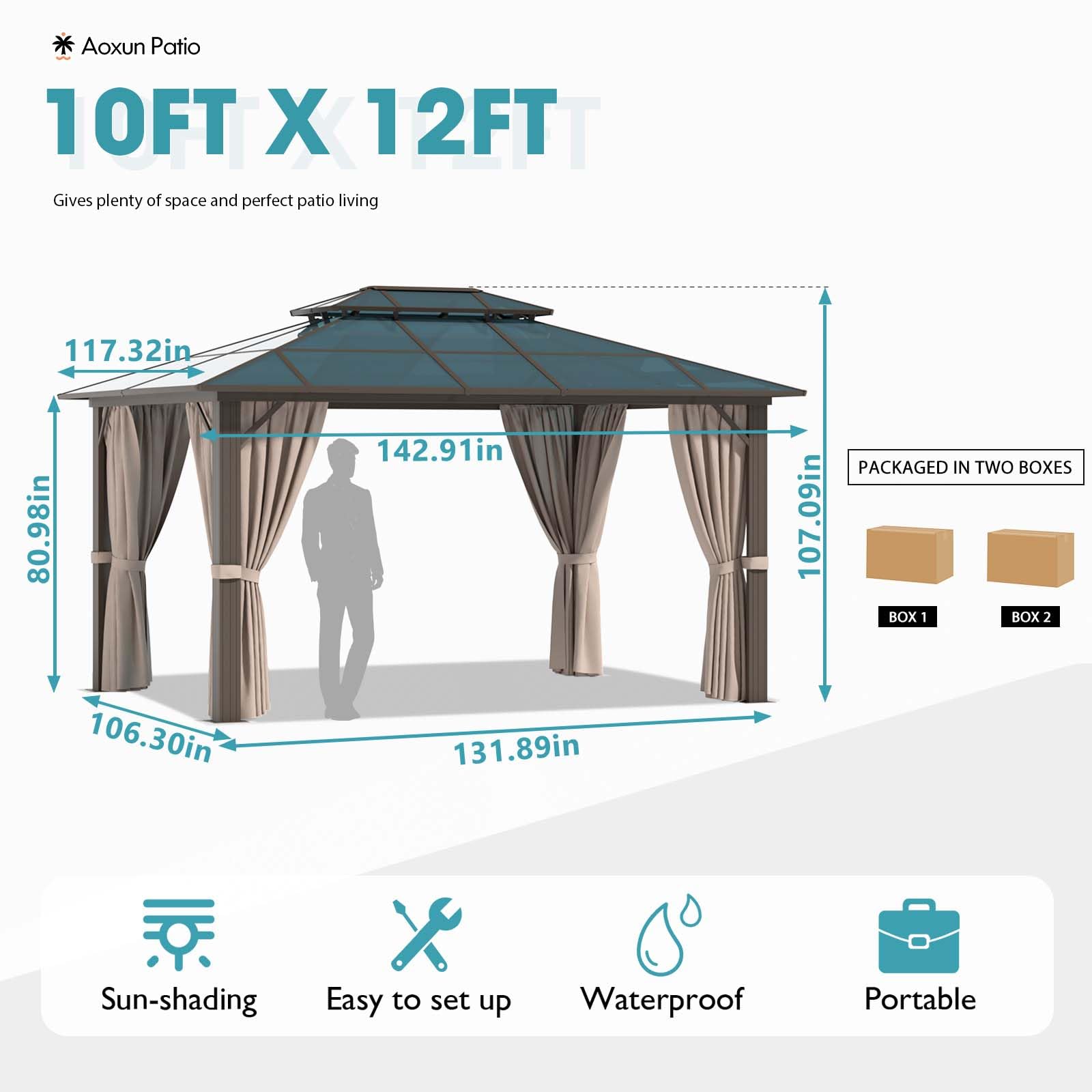 Aoxun 10'x12' Hardtop Gazebo, Outdoor Polycarbonate Double Roof Gazebo with Aluminum Frame Permanent Pavilion and Curtains & Netting for Backyard, Patio, Deck, Parties (Brown) - WoodArtSupply