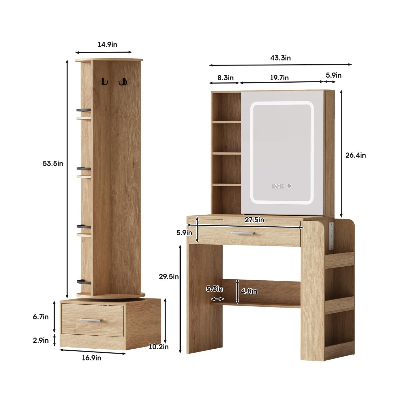 Fameill Natural Vanity Desk with Full Length Mirror and Lighted Mirror Makeup Vanity Dressing Table with 3 Color Lighting Modes,Power Outlet,Drawers,Hooks Hidden,Shelves,Bedroom Desk,Natural